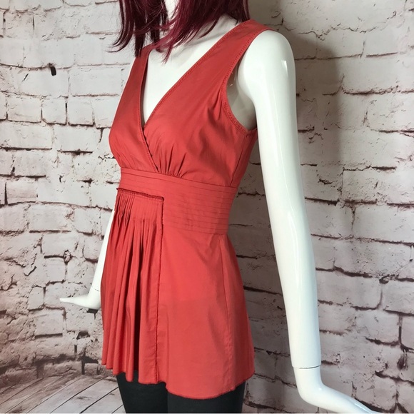 BCBGMAXAzria XS Coral Pleated Faux Wrap V-Neck Empire Waist Peplum Cotton Top XS - Picture 12 of 16